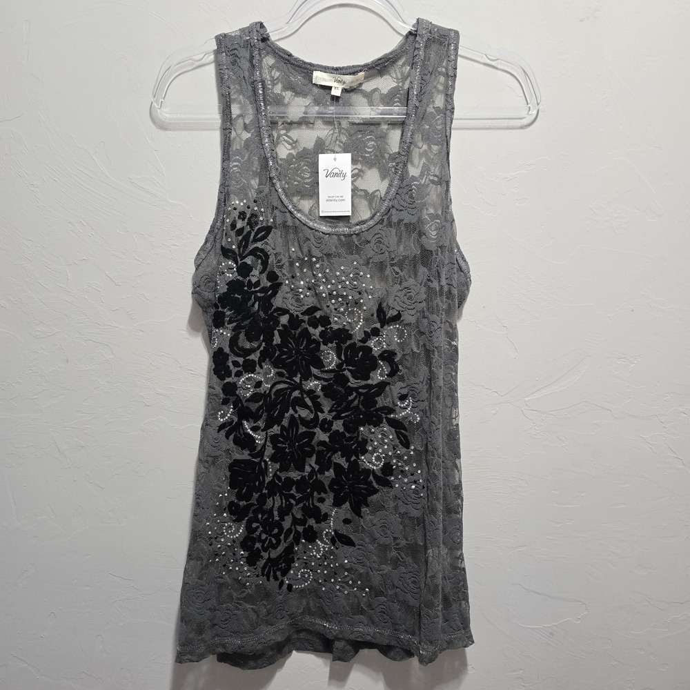 Y2K Vanity Premium Collection XL Gray Lace Velvet Floral Rhinestone Tank NWT